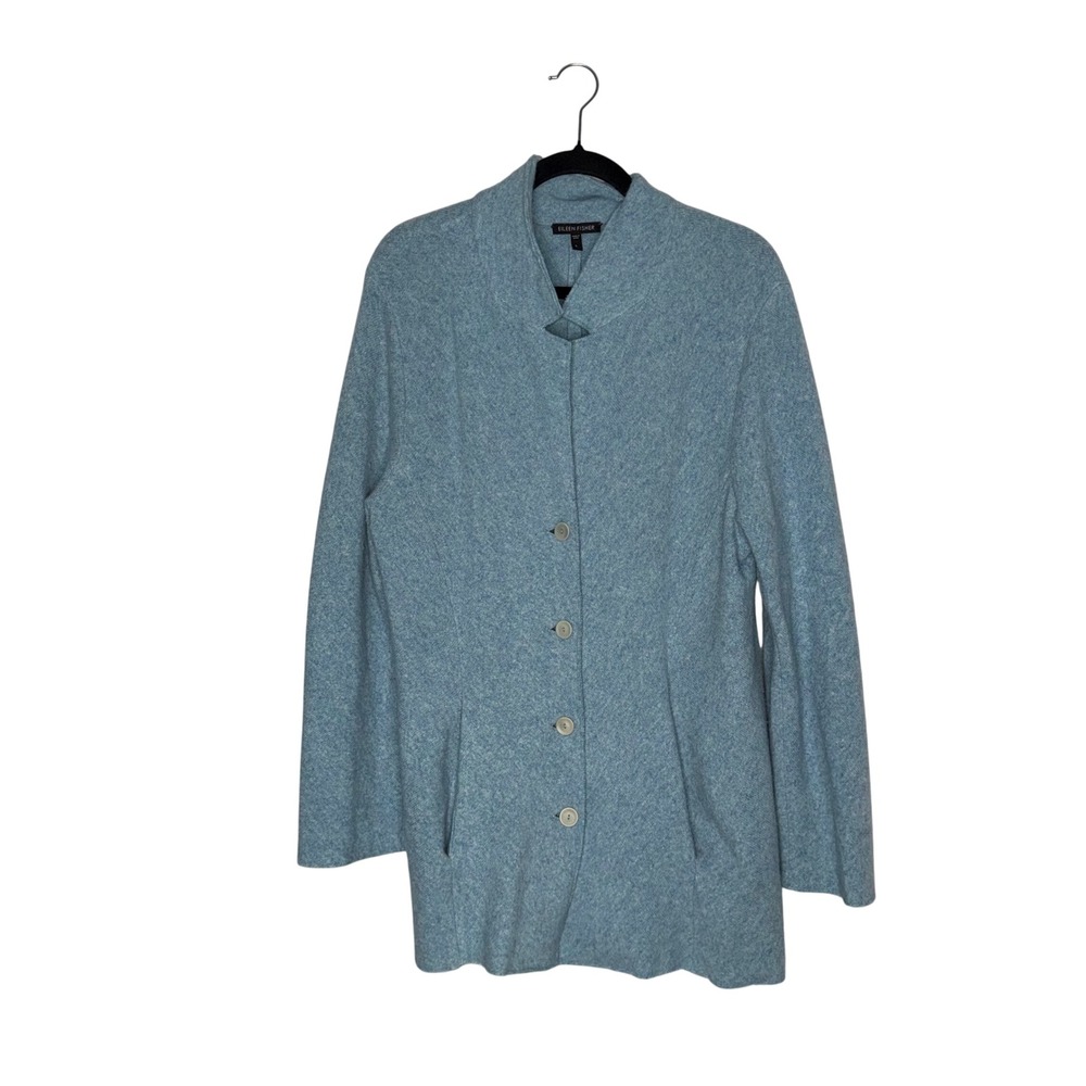 Eileen Fisher Cardigan Women L Blue Lambswool Cashmere Mock Neck Button Front